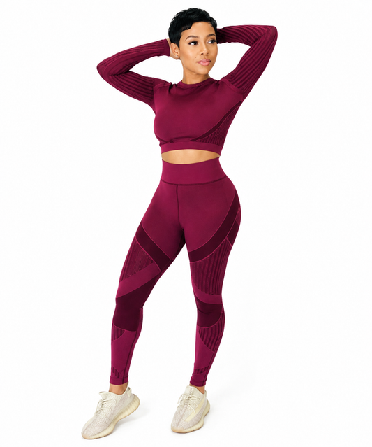 Burgundy Mesh Long-Sleeved Set